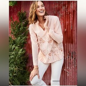 NWT Spartina 449 Nicolette Embroidered Tunic Top Large Blush Pink Floral V Neck
